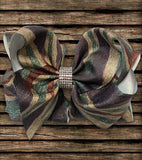 CAMOUFLAGE PRINTED HAIR BOW. 7.5" WIDE DOUBLE LAYER