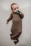 Three Little Tots - Cocoa Brown Ribbed Knotted Newborn Baby Gown sleepwear: Gown & Bow