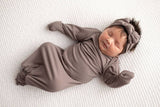 Three Little Tots - Cocoa Brown Ribbed Knotted Newborn Baby Gown sleepwear: Gown & Bow