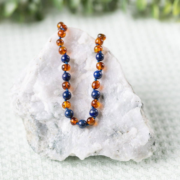 Lapis Lazuli + Cognac Amber Necklace 10-11 inches