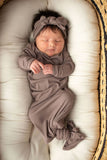 Three Little Tots - Cocoa Brown Ribbed Knotted Newborn Baby Gown sleepwear: Gown & Bow