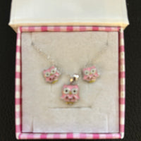 Pink Owl Necklace & Earring