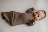 Three Little Tots - Cocoa Brown Ribbed Knotted Newborn Baby Gown sleepwear: Gown & Bow