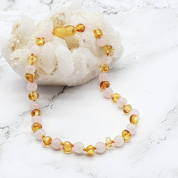 Kids | "Grow With Me" Baltic Amber Gemstone Necklace Sets ~ Honey Rose Quartz