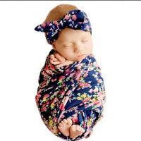 Newborn Swaddle with Printed Wrap Cloth Hat and Headband