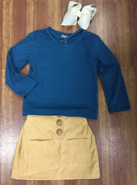 Mustard Cord Skirt & Teal LS Shirt